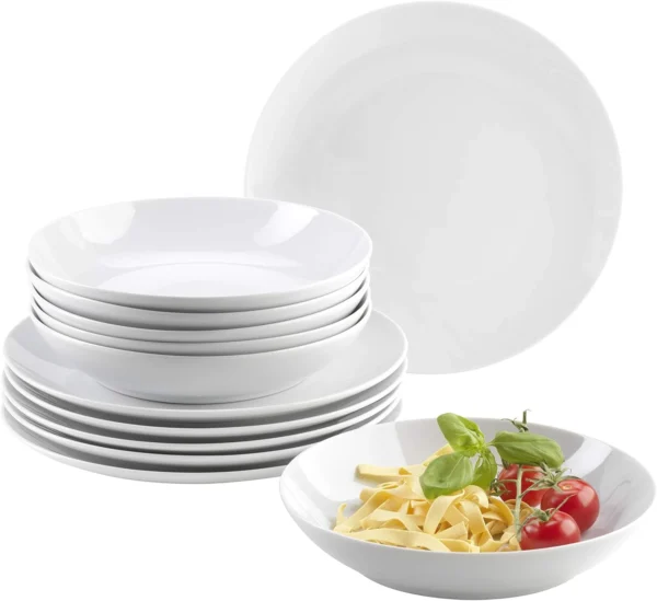 Barca Series, 12 Piece Dinnerware Set, White Porcelain Crockery for 6 People