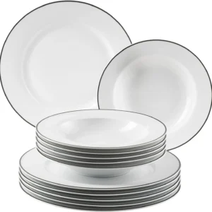 Chef Collection Black Line 12-Piece Crockery Set for 6 People, Porcelain Dinner Service, Dishwasher and Microwave Safe, Made in Europe