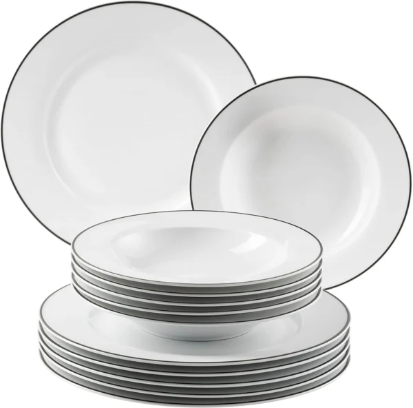 Chef Collection Black Line 12-Piece Crockery Set for 6 People, Porcelain Dinner Service, Dishwasher and Microwave Safe, Made in Europe