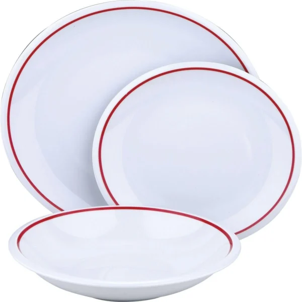 8 Inches Red Edge Simple Design Ceramic Dinner Plates-Set of 3-White